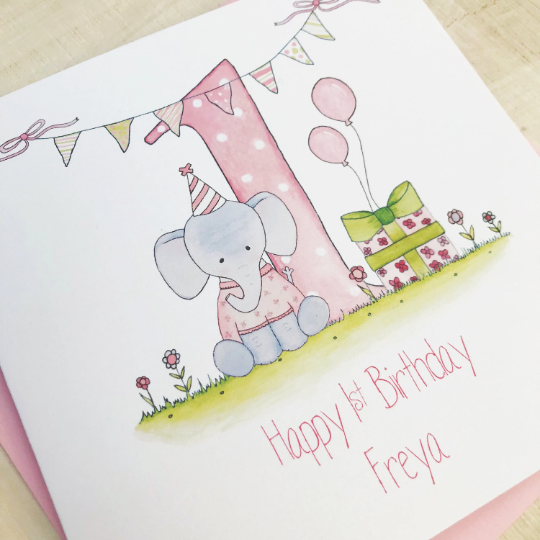 Personalised Girls 1st Birthday Card - Elephant